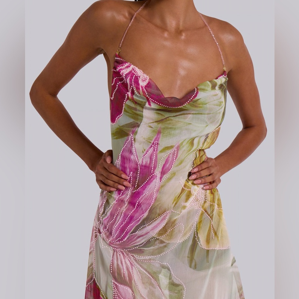 Jaded London Dahlia Hand-Beaded Backless Chiffon Maxi Dress in Rosa - Picture 3 of 10